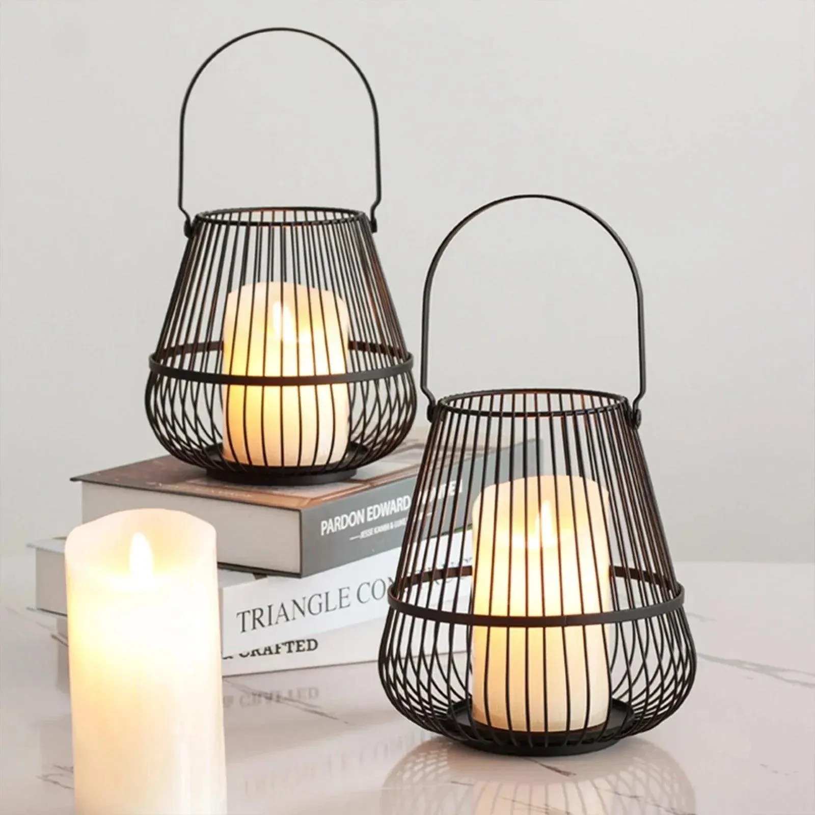 Modern Black Cage Candlestick Holder | Simple Hanging Lantern Candle Stand