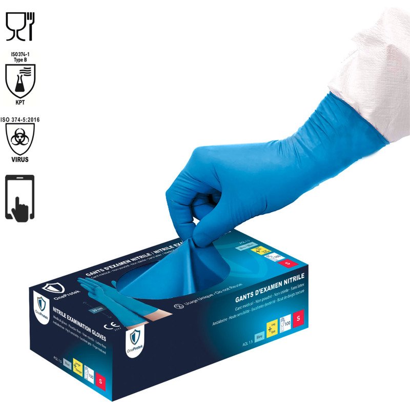 Gants jetables nitrile non poudrés épais à manchettes longues - Boîte de 100 gants