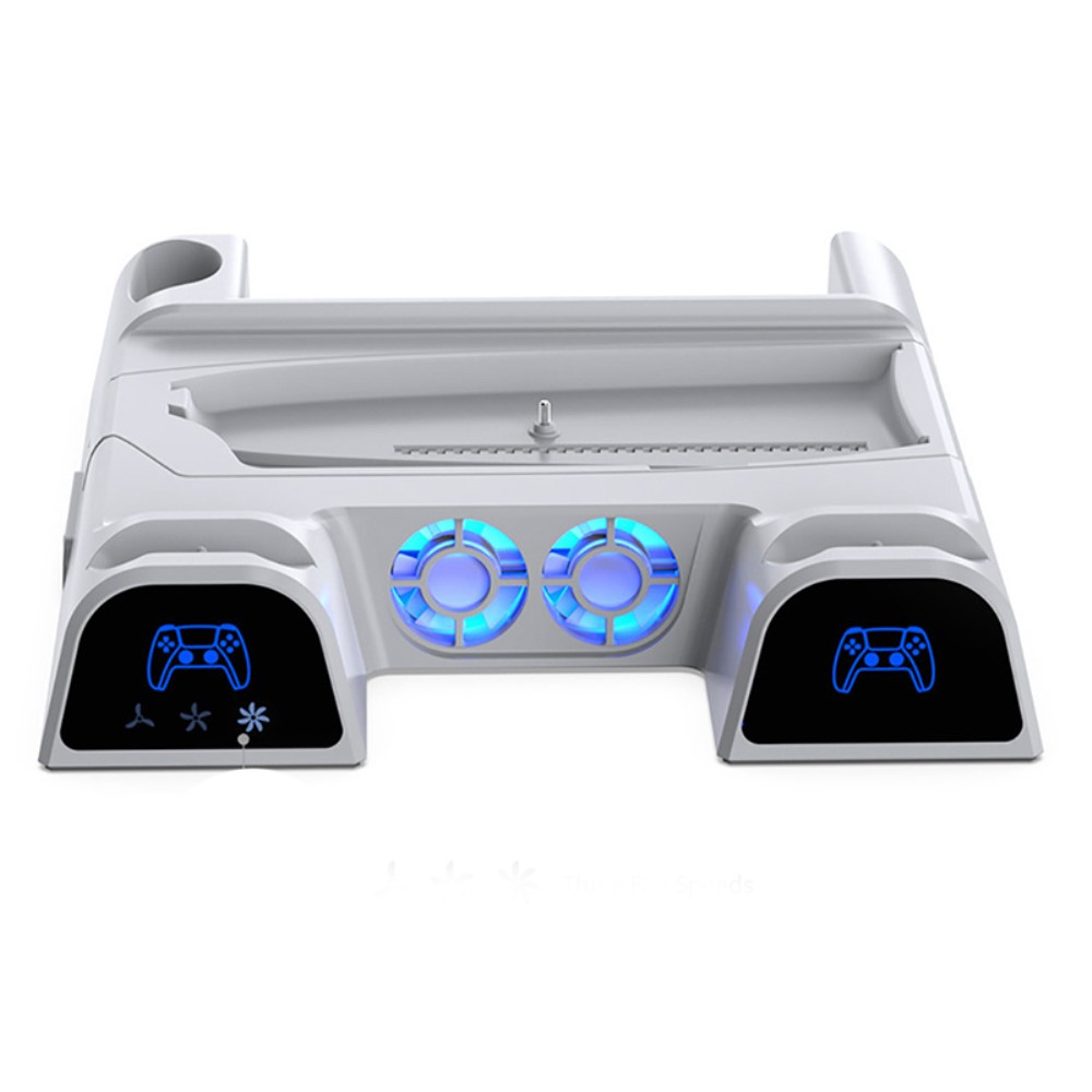 Sony PlayStation PS5 Slim Halterung mit aktivem Lüfter und Controller Dual Ladestation   USB C / Disk Ständer und RGB LED - Weiss