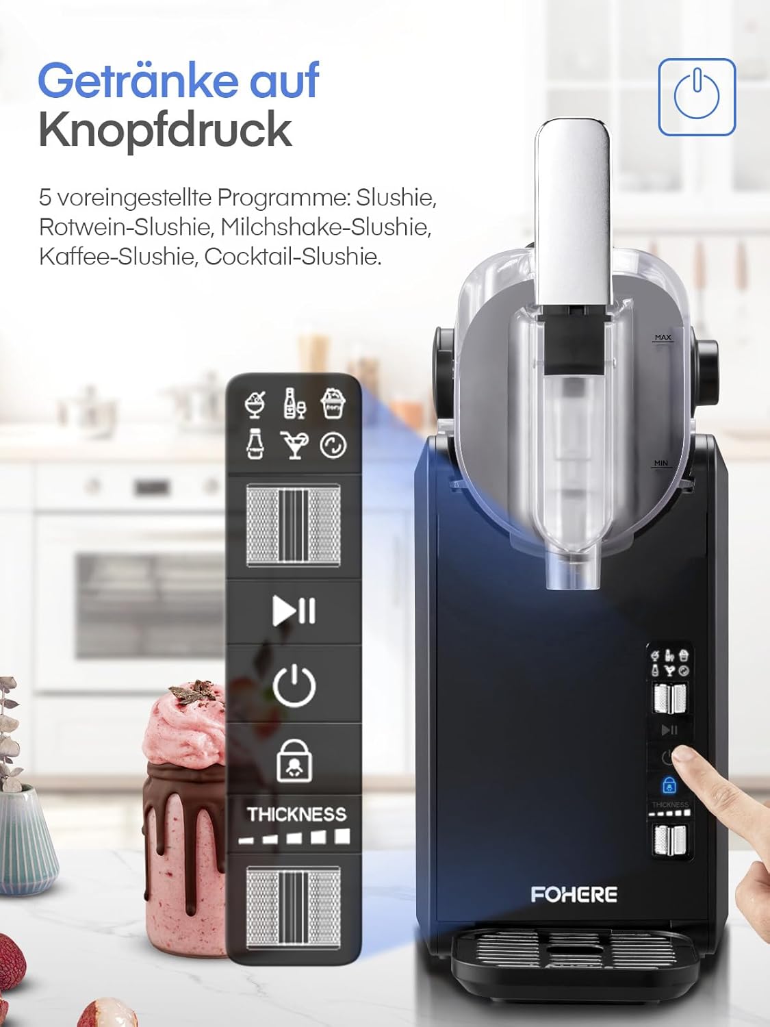 FOHERE Slush Maschine 2L für zu Hause, keine Eiswürfel erforderlich, Selbstreinigung, 5-in-1 Slushie Maschine mit 5 Einstellungen für Slush, Cocktail, Frappé, Milchshake, Wein, Quickfreeze-Technology