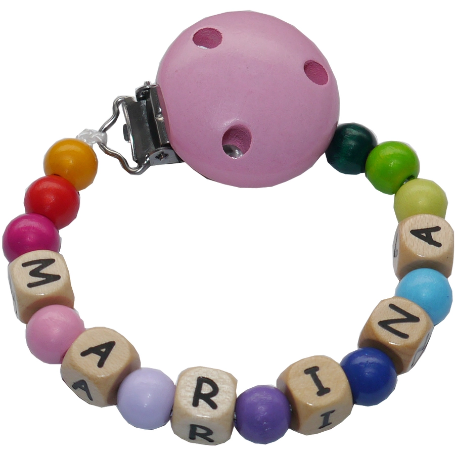 Schnullireich Schnullerkette mit Namen bis 8 Buchstaben (Holz) Bunt