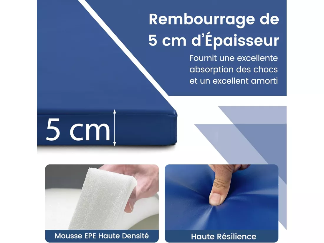 Tapis de Gymnastique Pliable à 4 Plis Epais, Matelas d'Entrainement en Mousse et PU avec Poignées Attaches Auto-agrippantes, pour Gymnastes Entraînements Yoga 300x117x5CM, Bleu