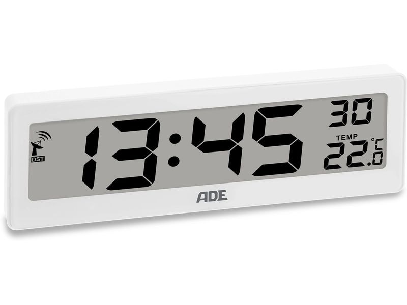 ADE Funkuhr DCF mit XXL-Ziffern digital Weiss Digitale DCF-Funkuhr mit Temperaturanzeige