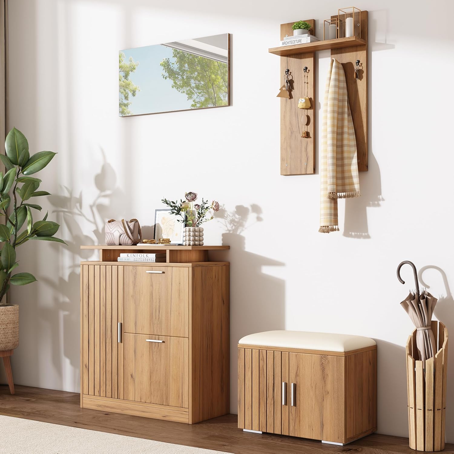 Merax Flurgarderobe Garderobenschrank Flur, Wandgarderobe Garderobenset mit Schuhbank und Schuhschrank, 1 Spiegel, 4 Haken, 5 Türen, Naturholzfarbe, 140×35×133 cm