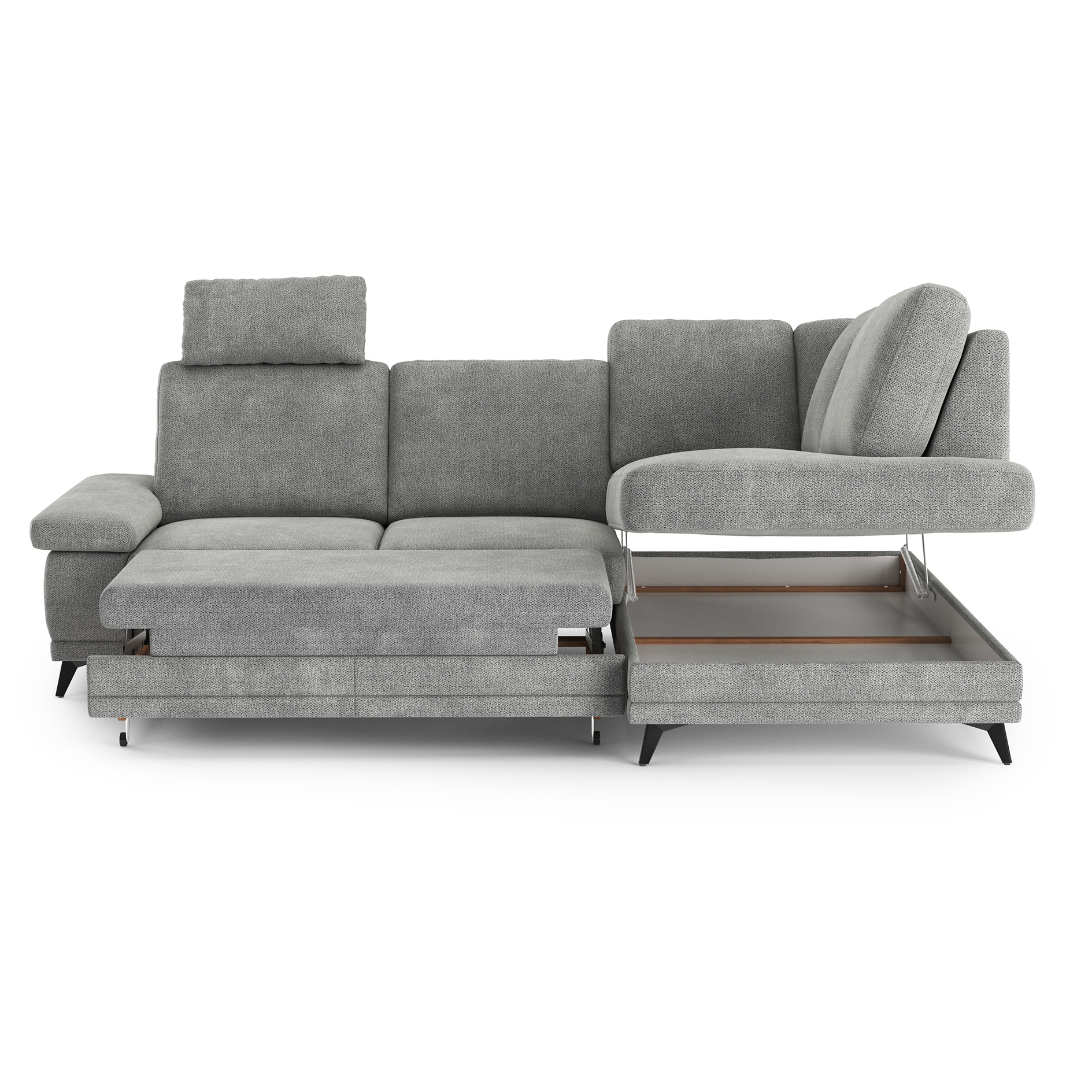Ecksofa - platin - Liegefunktion und Bettkasten - Ottomane rechts