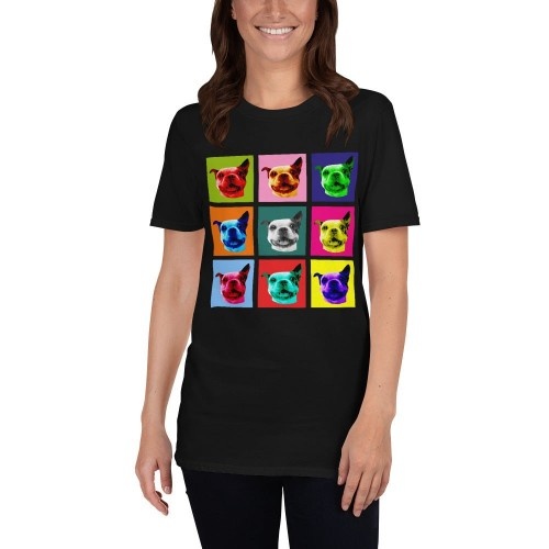 Camiseta feminina Mascochula, estilo Warhol, personalizada com seu animal de estimação, preta.