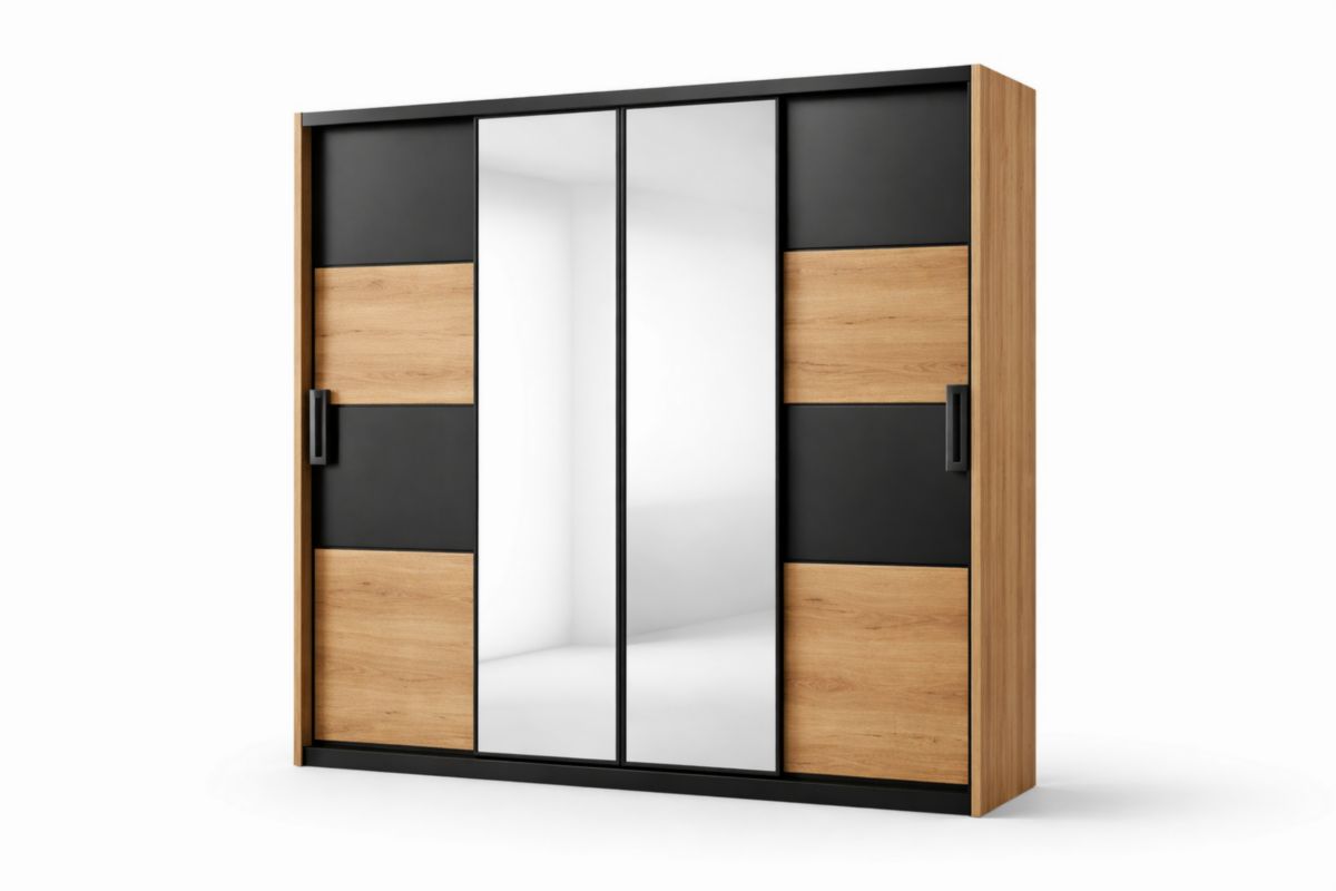 Schwebetürenschrank aus Holz mit Spiegel Eiche Schwarz 200x216x63cm(B × H × T)