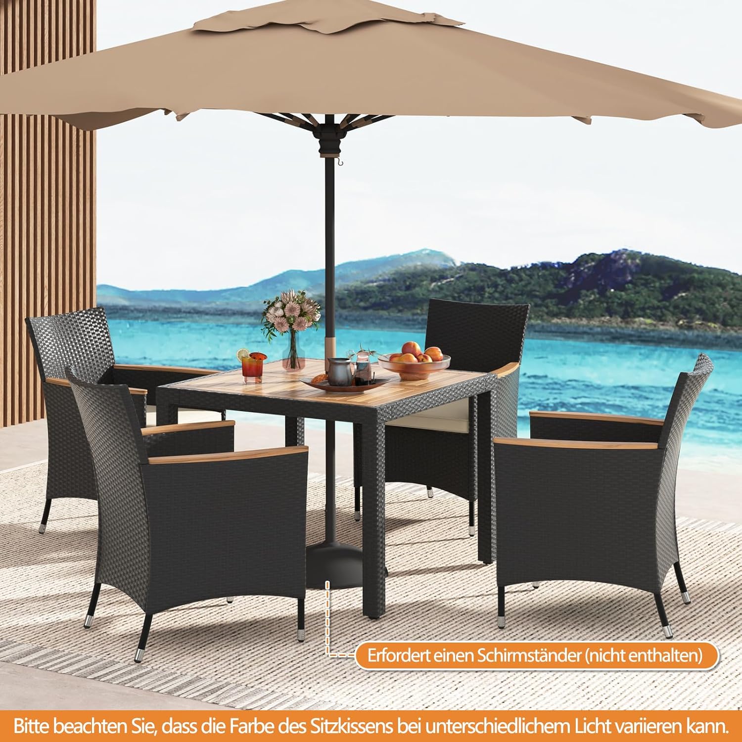 COSTWAY 5 TLG. Rattan Gartenmöbel Set, Sitzgruppe für 4 Personen, Gartentisch mit Tischplatte aus Akazienholz, 4 Stühle & Kissen, Terrassenmöbel, Balkonmöbel, Gartengarnitur, Sitzgarnitur, Essgruppe