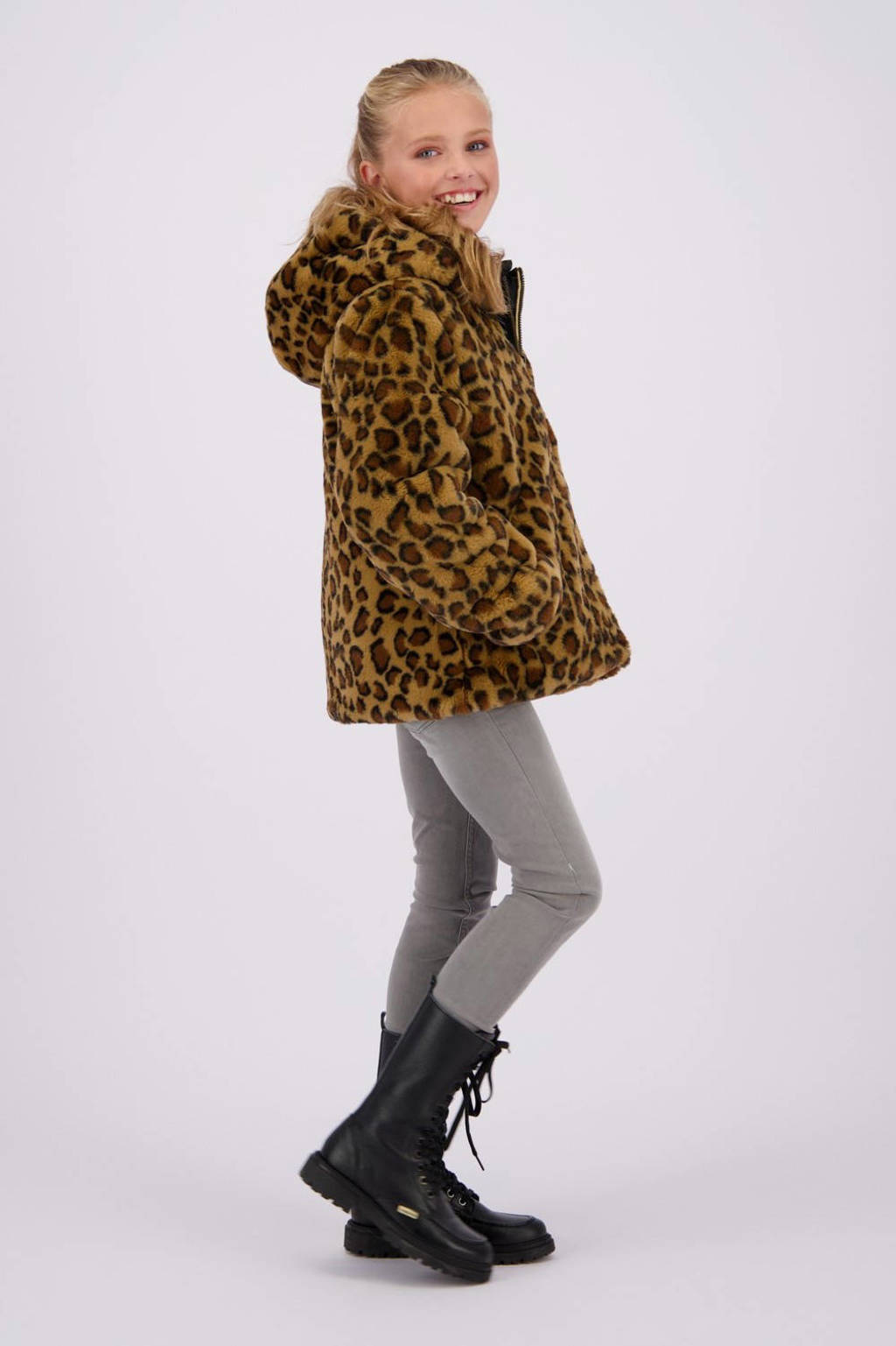 Vingino reversible gewatteerde imitatiebont winterjas Tabra met panterprint zwart/bruin