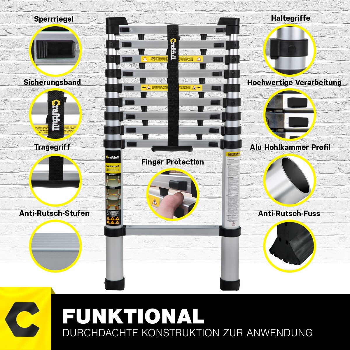 Craftfull Teleskopleiter CF-101A, Ausziehleiter aus Aluminium, Finger-Protection, viele Größen (2.0 Meter)