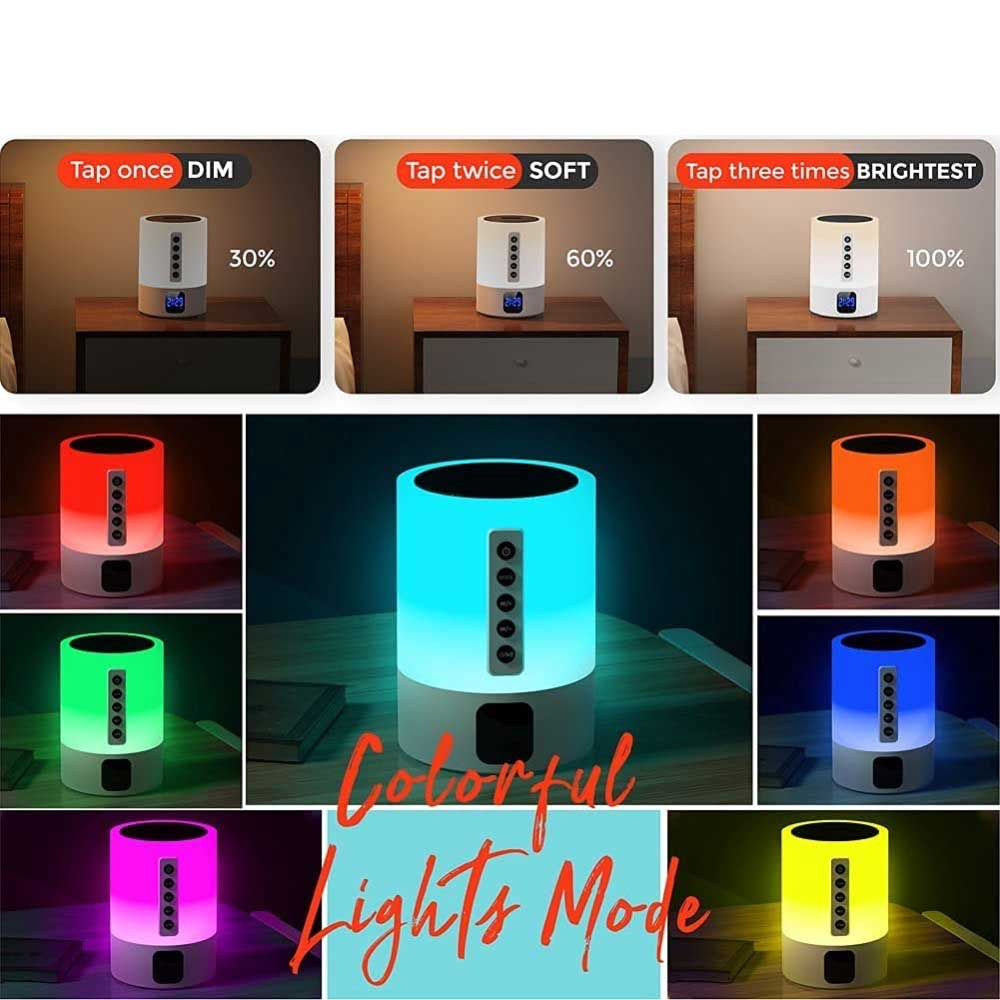 Touch Lampe Bluetooth Lautsprecher / Digitaler Alarm Wecker mit RGB Beleuchtung / Micro SD Slot / USB A und Akku (2000mAh) - Weiss