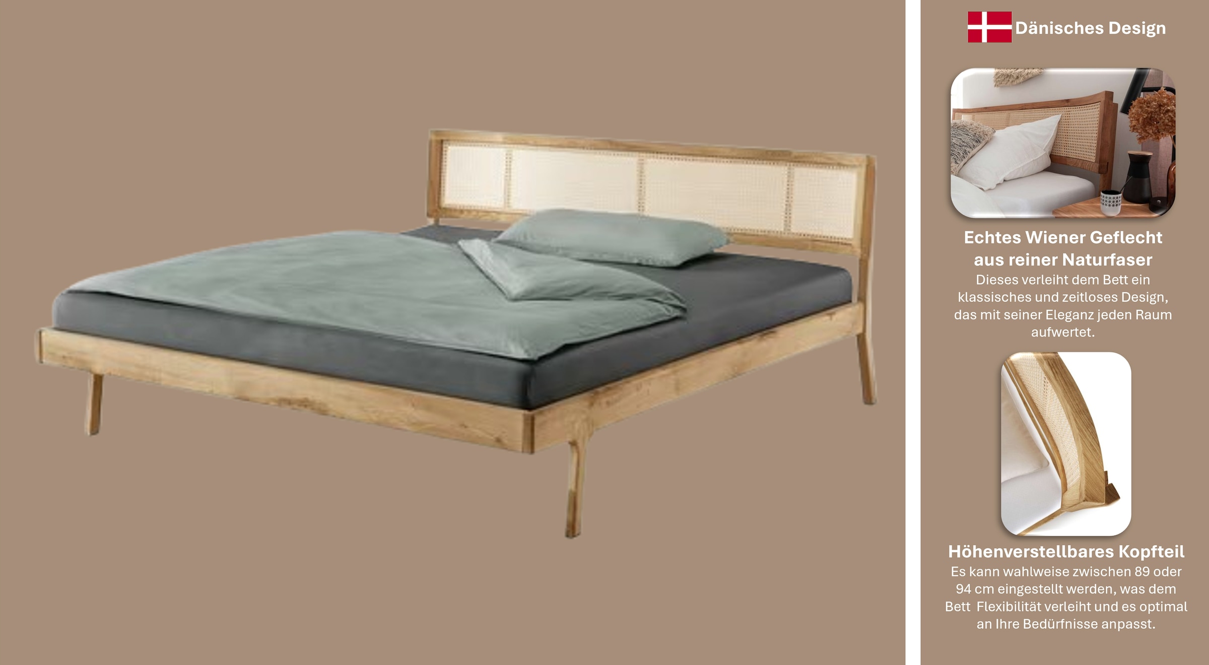 Home affaire Bett »Hällevik Doppelbett, Massivholzbett, OTTOs Choice,« Massive FSC®-zertifizierte Eiche geölt, Kopfteil mit Wiener Geflecht
