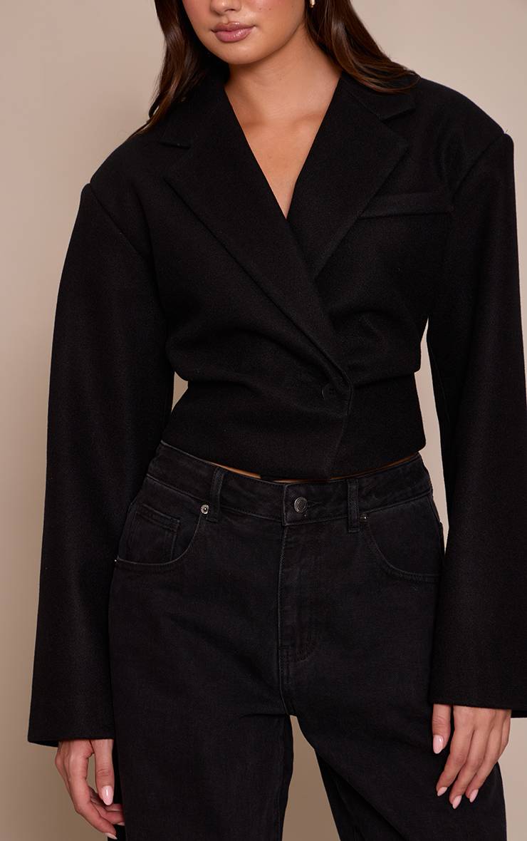 Noir Blazer Cintré Court Aspect Laine