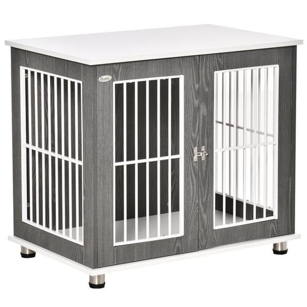 Hundekennel Transportboks I Tre Med Bordplate Og Pute, Bur For Smådyr, Sidebord, Grå+Hvit, 85X55X75Cm