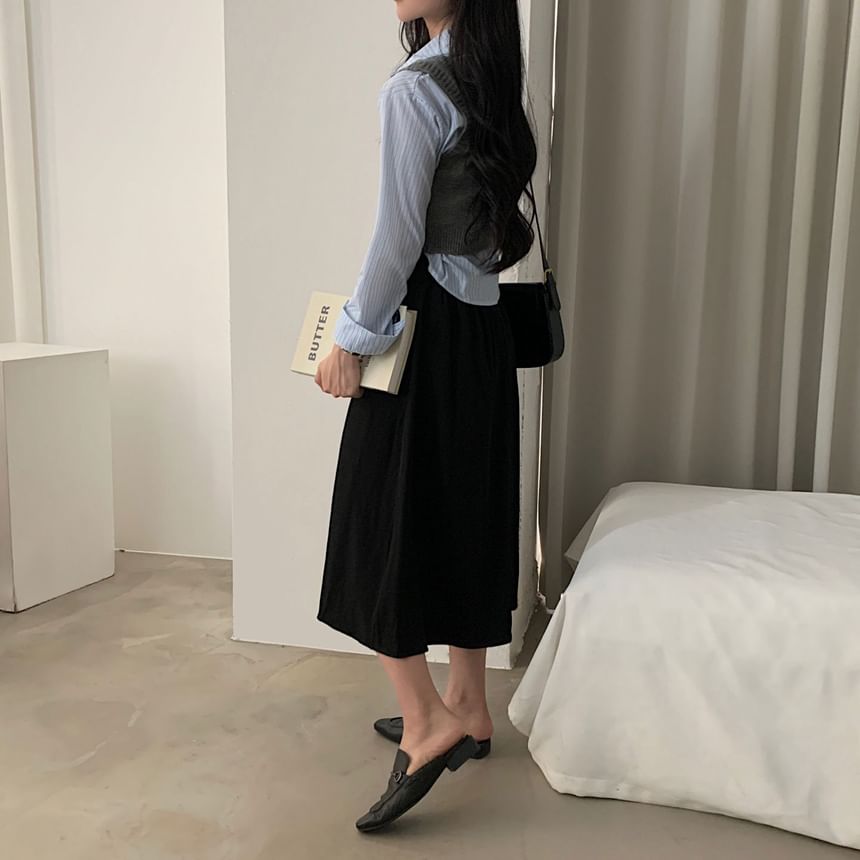 Maisee - Gestreept overhemd / Effen cropped trui-vest