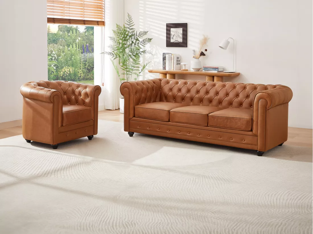 Canapé 3 places et fauteuil en cuir de vachette camel CHESTERFIELD