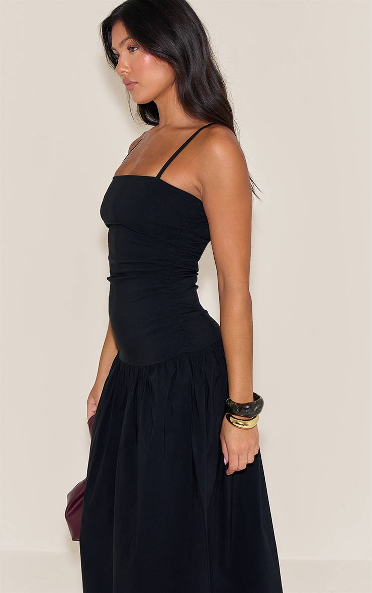 Noir Robe Longue Froncée À Bretelles En Tissu Extensible