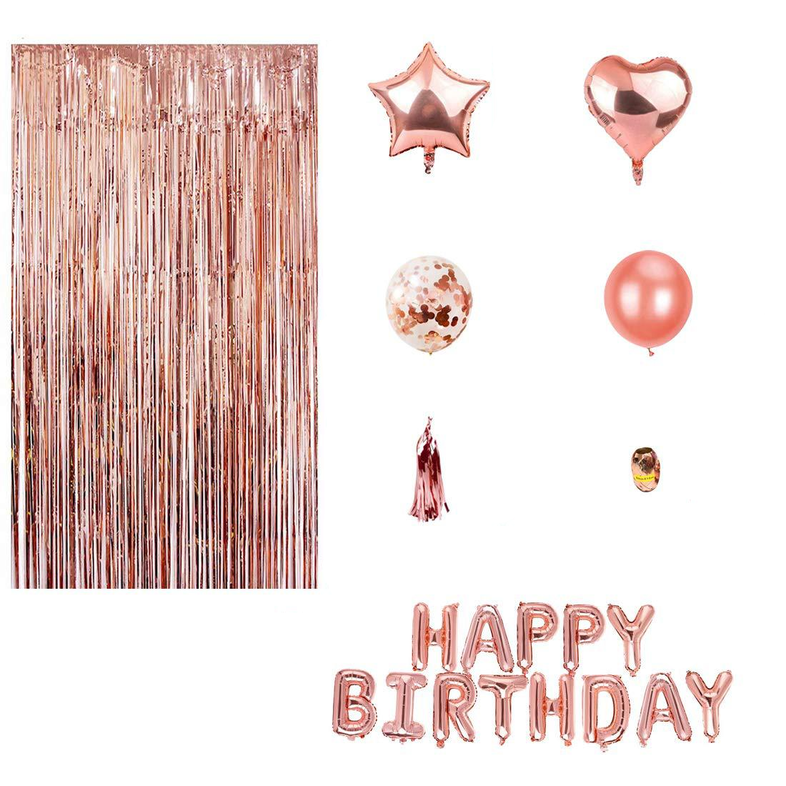 (57-tlg. Set) Happy Birthday Girlande Geburtstags Party Deko   Latex- und Folienballons / Lametta Vorhang / Quasten Girlande - Roségold