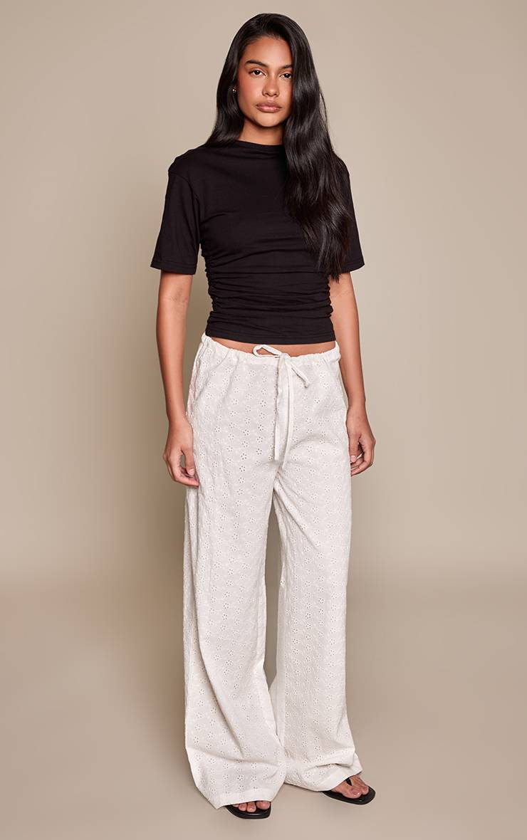 Blanc Pantalon Large Taille Basse À Cordon Avec Broderie Anglaise