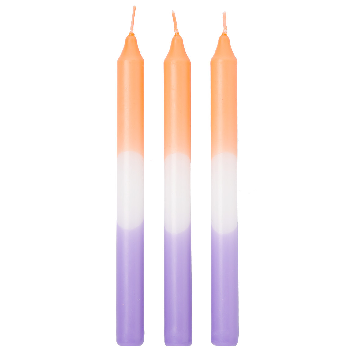 3 Stabkerzen mit  farbigem Muster lila / hellorange / weiss