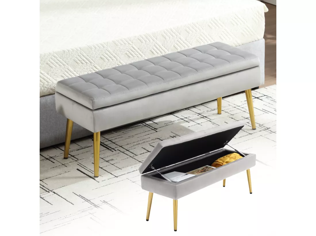 Banc de rangement, 111x35x44.5cm, pieds en métal doré pour salon, à l'entrée, à la chambre à coucher, en velours Gris clair