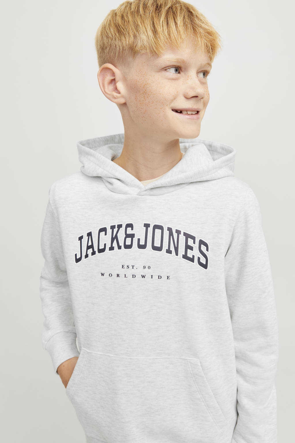 JACK & JONES hoodie JJECALEB VARSITY met logo wit melange