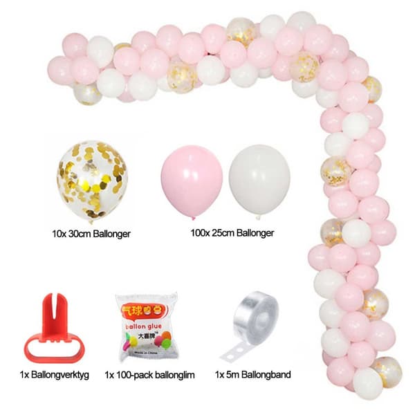 Ballongbue lys rosa hvit - komplett ballong girlang 5m