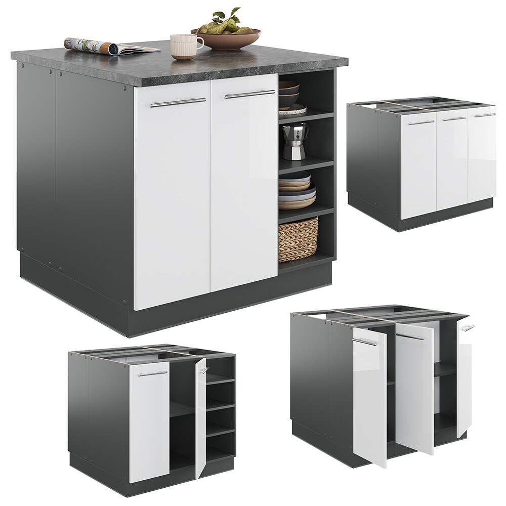 Vicco Kücheninsel Küchenblock Einbauküche Fame-Line Anthrazit Weiß 90 cm modern Hochglanz Küchen Schränke Regalunterschrank Küchenunterschrank Regalinselunterschrank Softclose-Scharnier Küchenmöbel