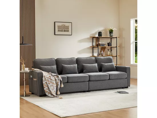 Canapé droit 4 places avec poches accoudoirs et 4 coussins pour le salon l'appartement le bureau Tissu de lin Gris foncé