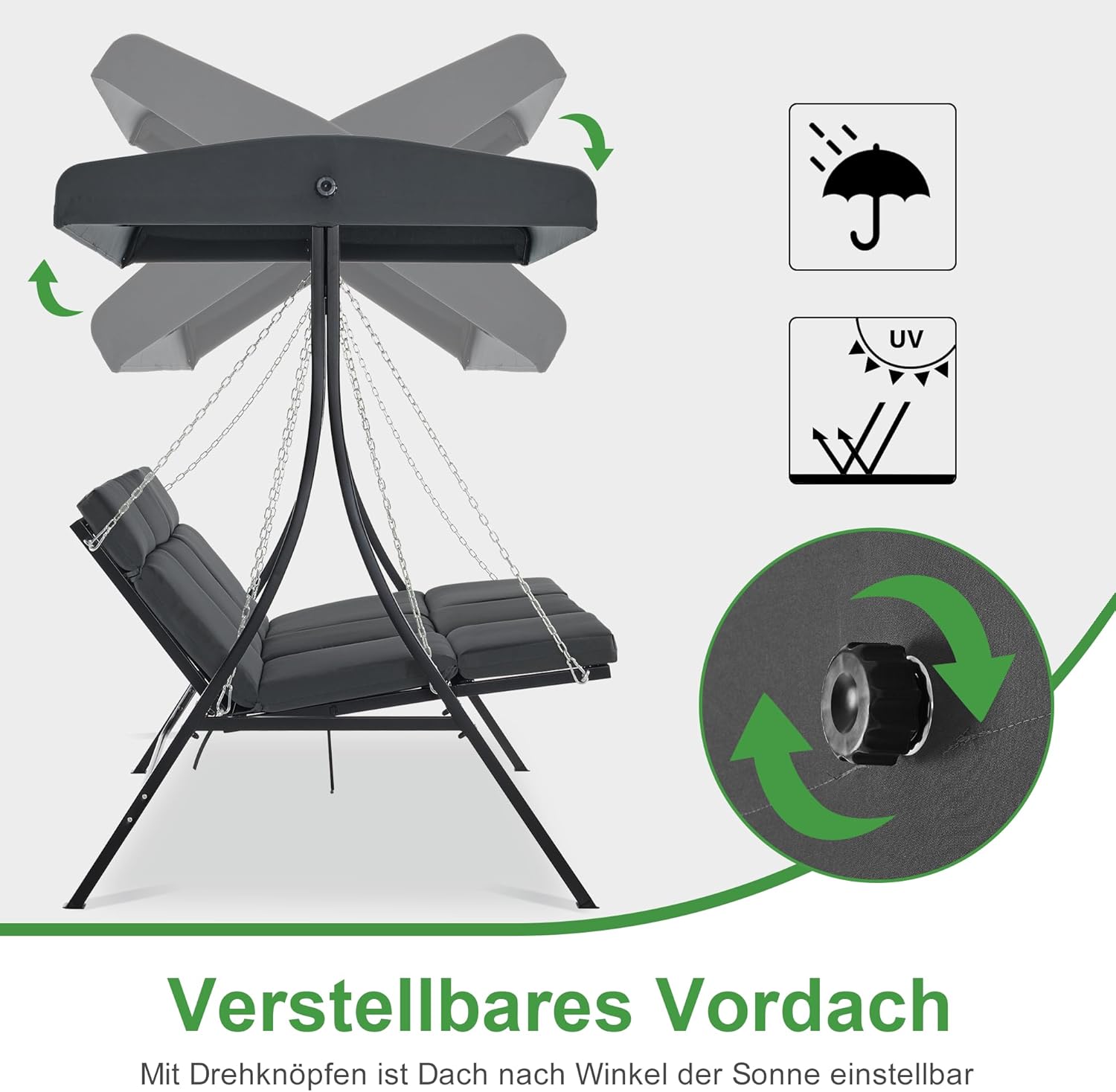 M MCombo Hollywoodschaukel mit Liegefunktion, Gartenschaukel 3 Sitzer Wetterfest, Outdoor Schaukelbank mit Metallketten, Verstellbarem Dach, 123 * 194 * 169 cm, 8018 (Dunkgelgrau)