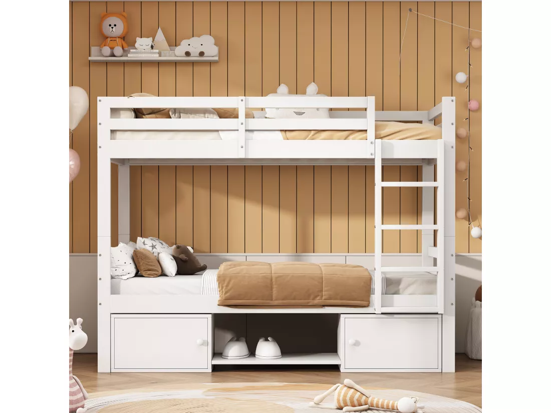 Lit superposé pour enfant - 2x90x200 cm - 2 casiers et étagères à chaussures - blanc