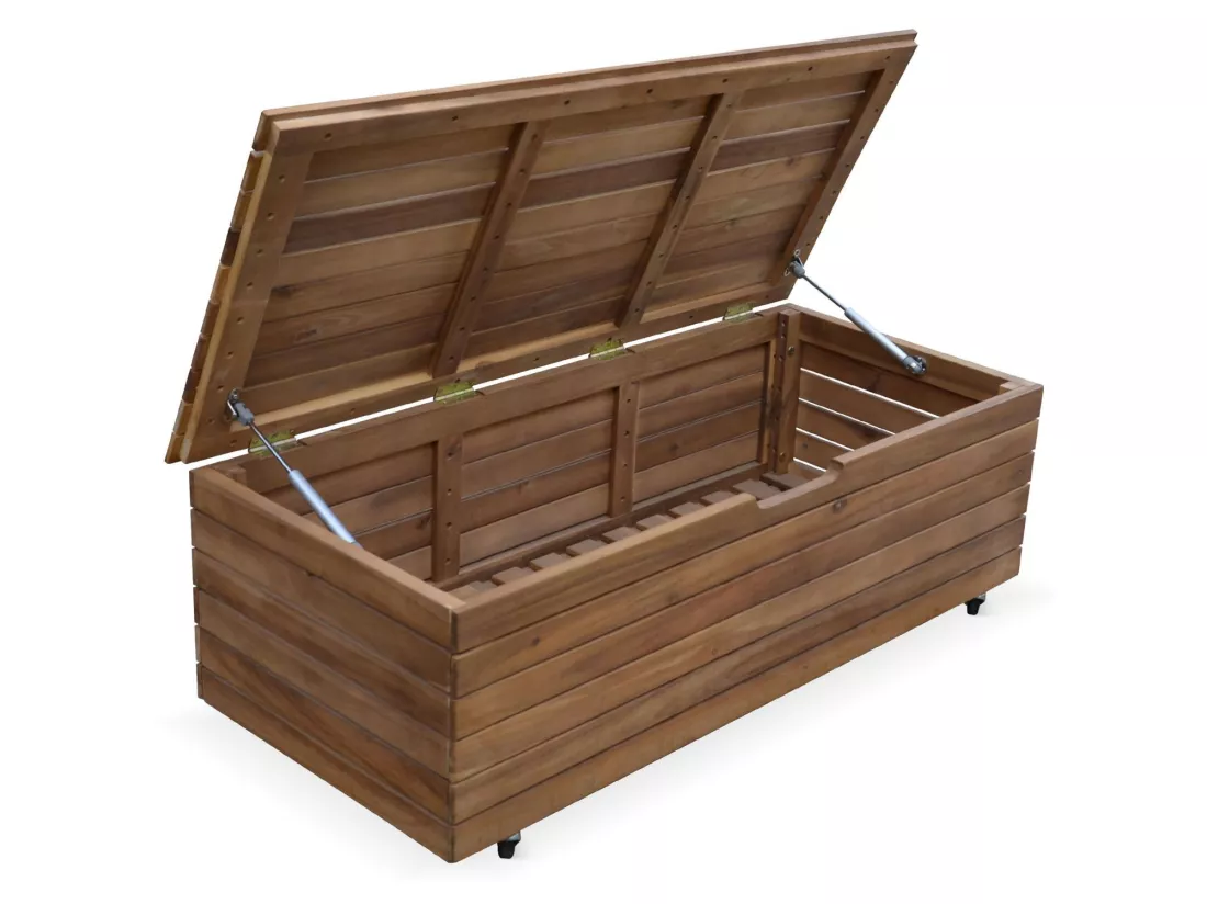 Coffre de jardin en bois - Saragosse - 130L. rangement coussins 107x48.5cm avec vérins et roulettes
