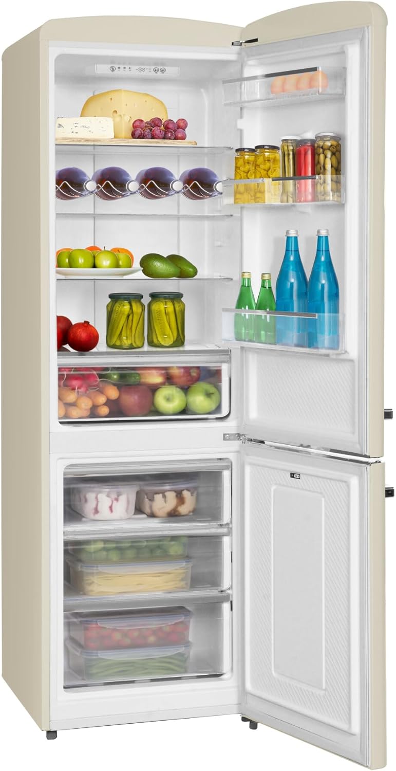 Amica KGCR 387 109 B Retro Kühl-/Gefrierkombination/NoFrost/Beige / 200cm (H) x 60cm (B) x 73cm (T) / Retro-Design/Kühlschrank mit Gefrierfach