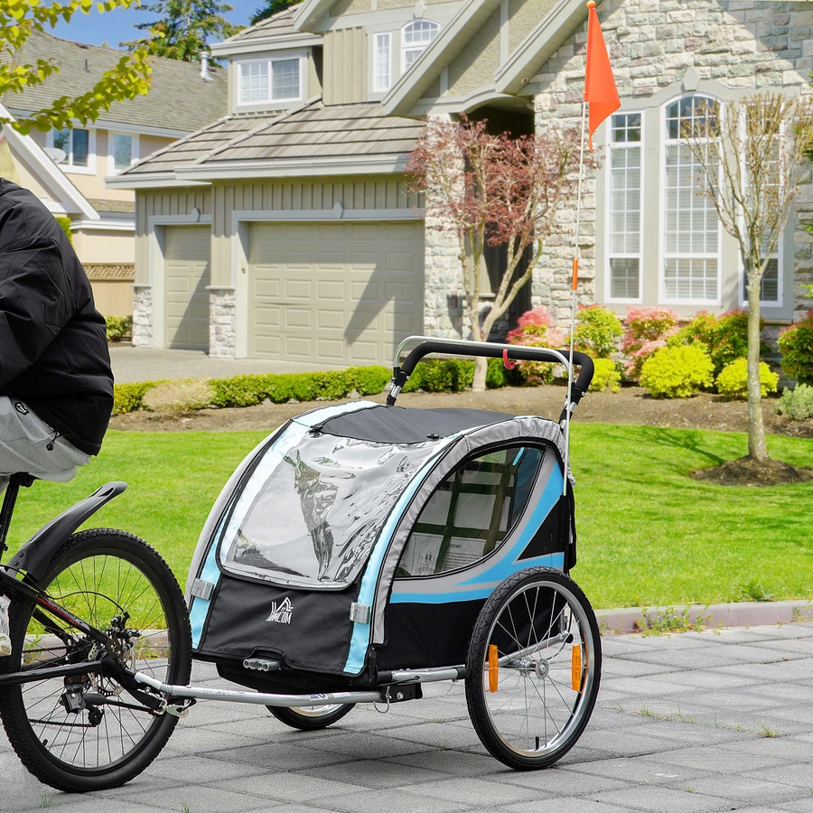 HOMCOM Kinderfahrradanhänger mit Aufbewahrungstasche blau, grau, schwarz, silber