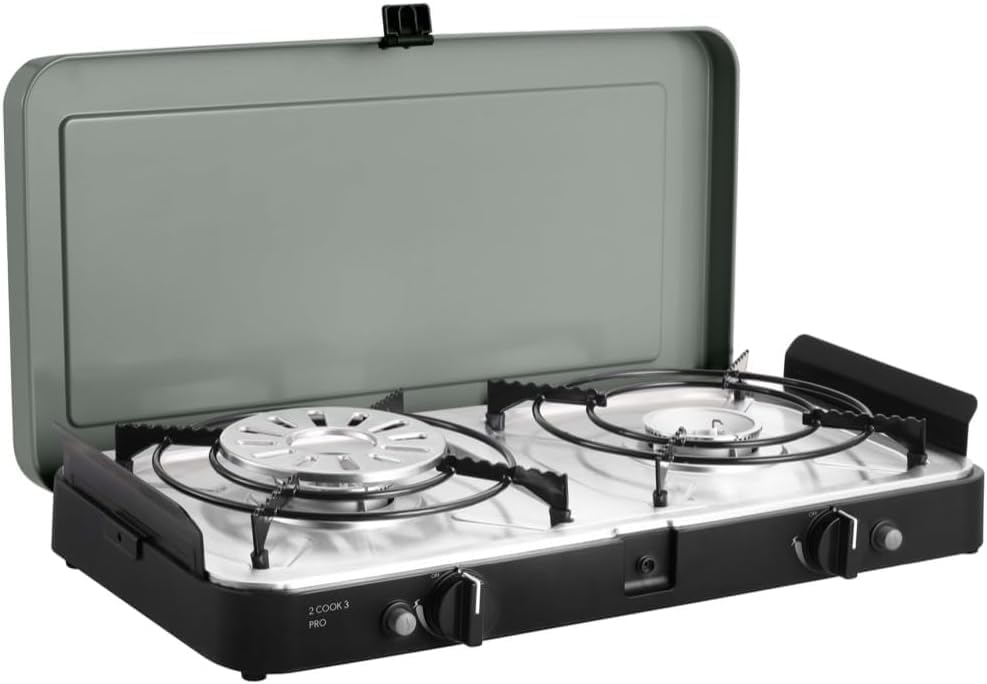 CADAC - 2-Cook 3 Pro Deluxe Camping Gasgrill - 50mBar - Stahl, Aluminium und Kunststoff - Gas-Campingkocher - inkl. Camping Kuchbuch & Transporttasche