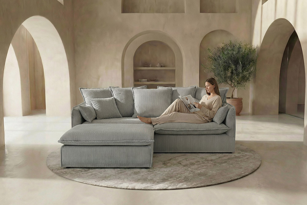 Großes 3-Sitzer Sofa HEAVEN 200cm hellgrau Cord Federkern Hussensofa abnehmbarer Bezug