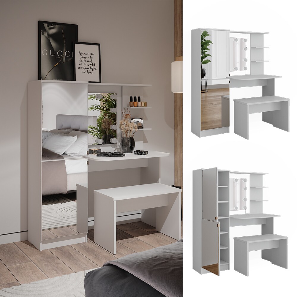 Vicco Schminktisch Jasmin Weiß 123 cm mit LED-Beleuchtung und Bank