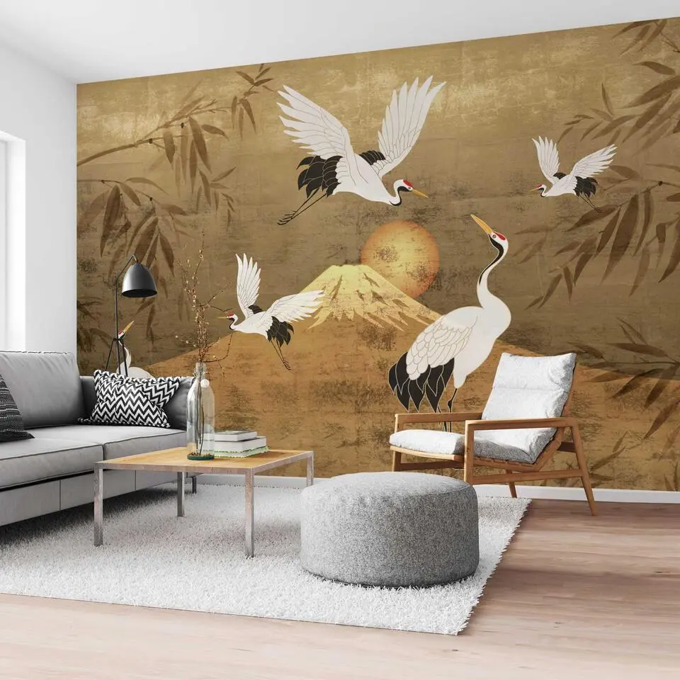 Fotobehang Kraanvogels - 260x384cm - Goudkleurig