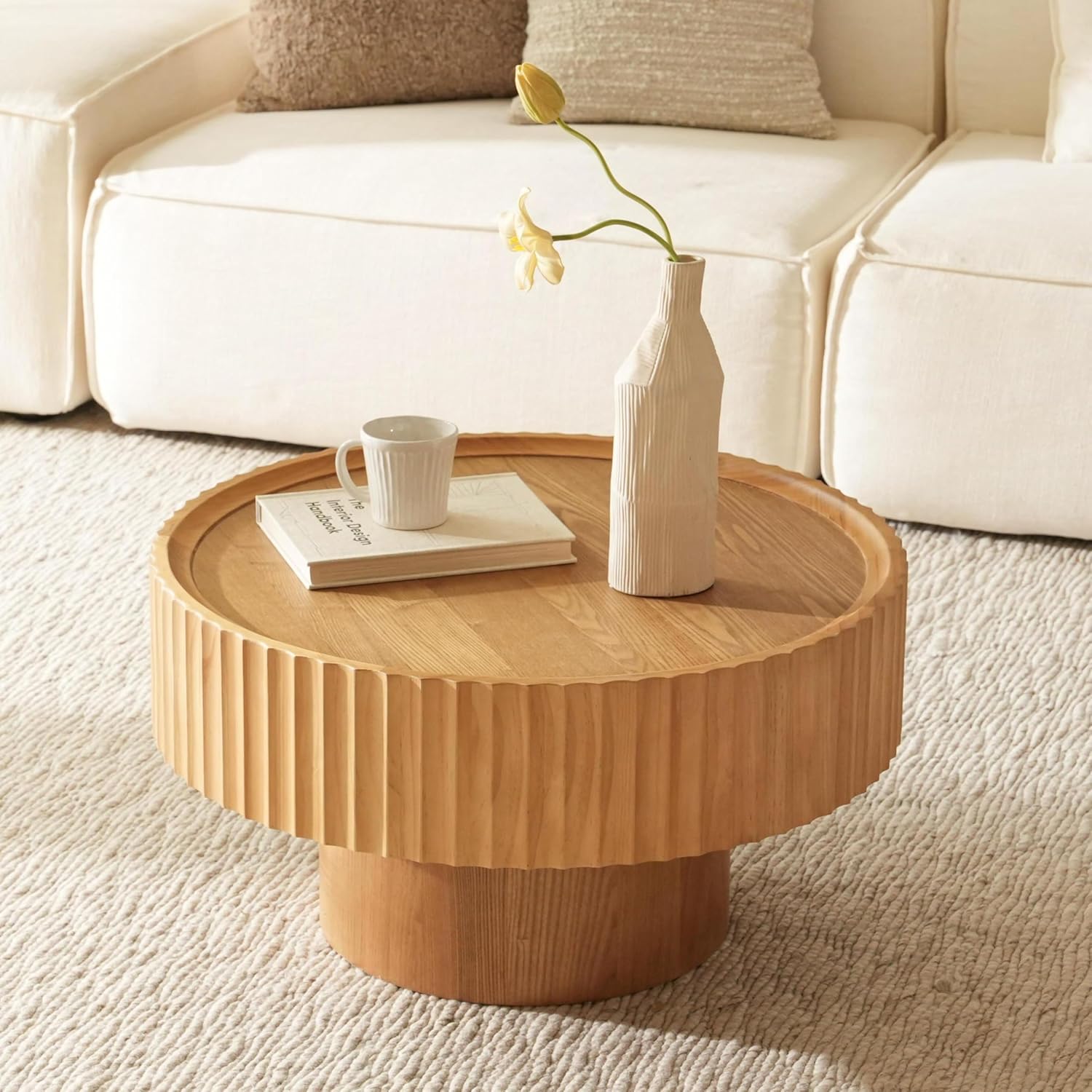 Couchtisch Rund, Wohnzimmertisch mit Geriffeltem Design, Couchtisch in Pilzform mit Den Maßenφ70×38 cm, Coffee Table aus Kiefernholz für Wohnzimmer, Zimmer und Balkon(Natural Wood)