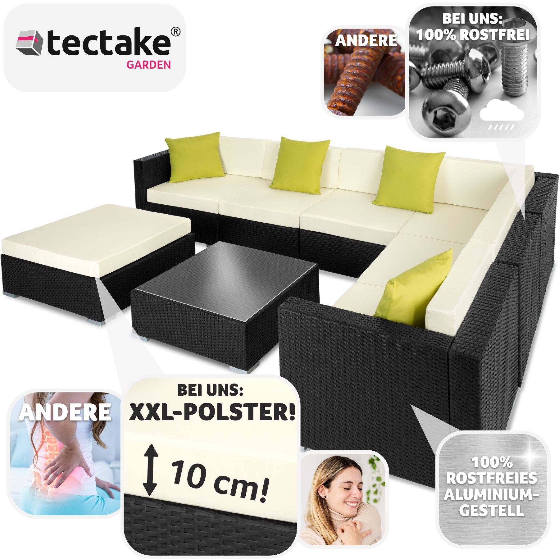 tectake® Rattan Lounge, mit Aluminiumgestell, wetterfest und UV-beständig, mit Sicherheitsglasplatte