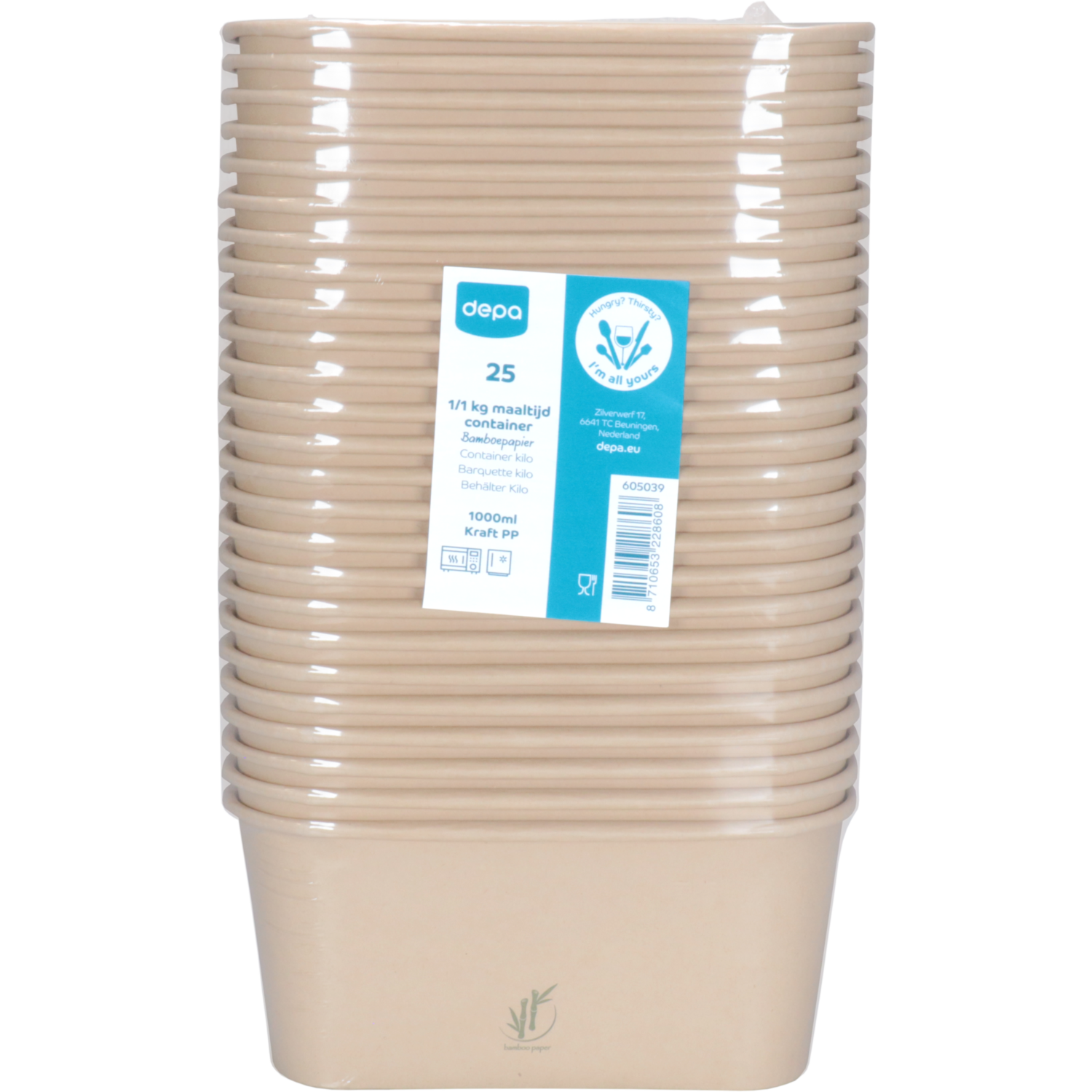 Depa Bak, Bamboepapier + PP, 1000ml, maaltijdcontainer, 169x117x76mm, naturel