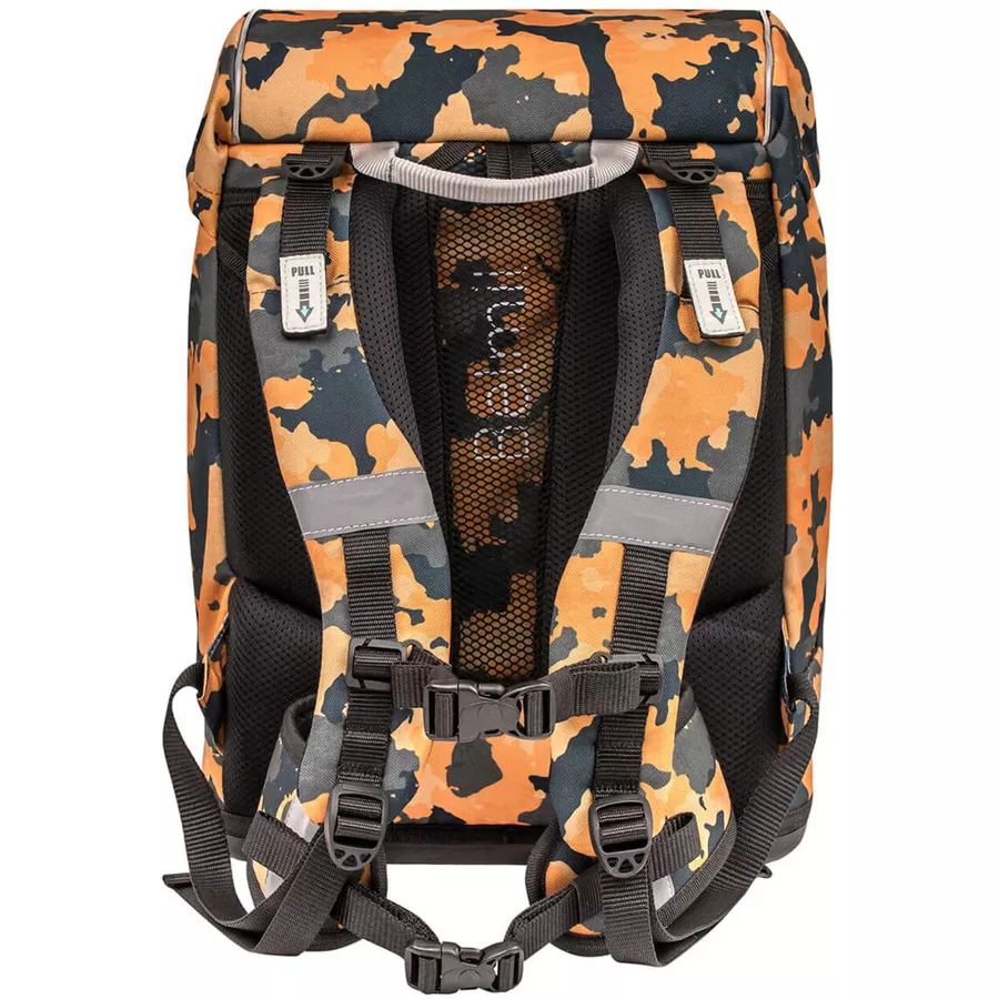 Belmil Schulranzen Motion Schulranzen Set 6-teilig mit Brustgurt, Hüftgurt Orange Camouflage