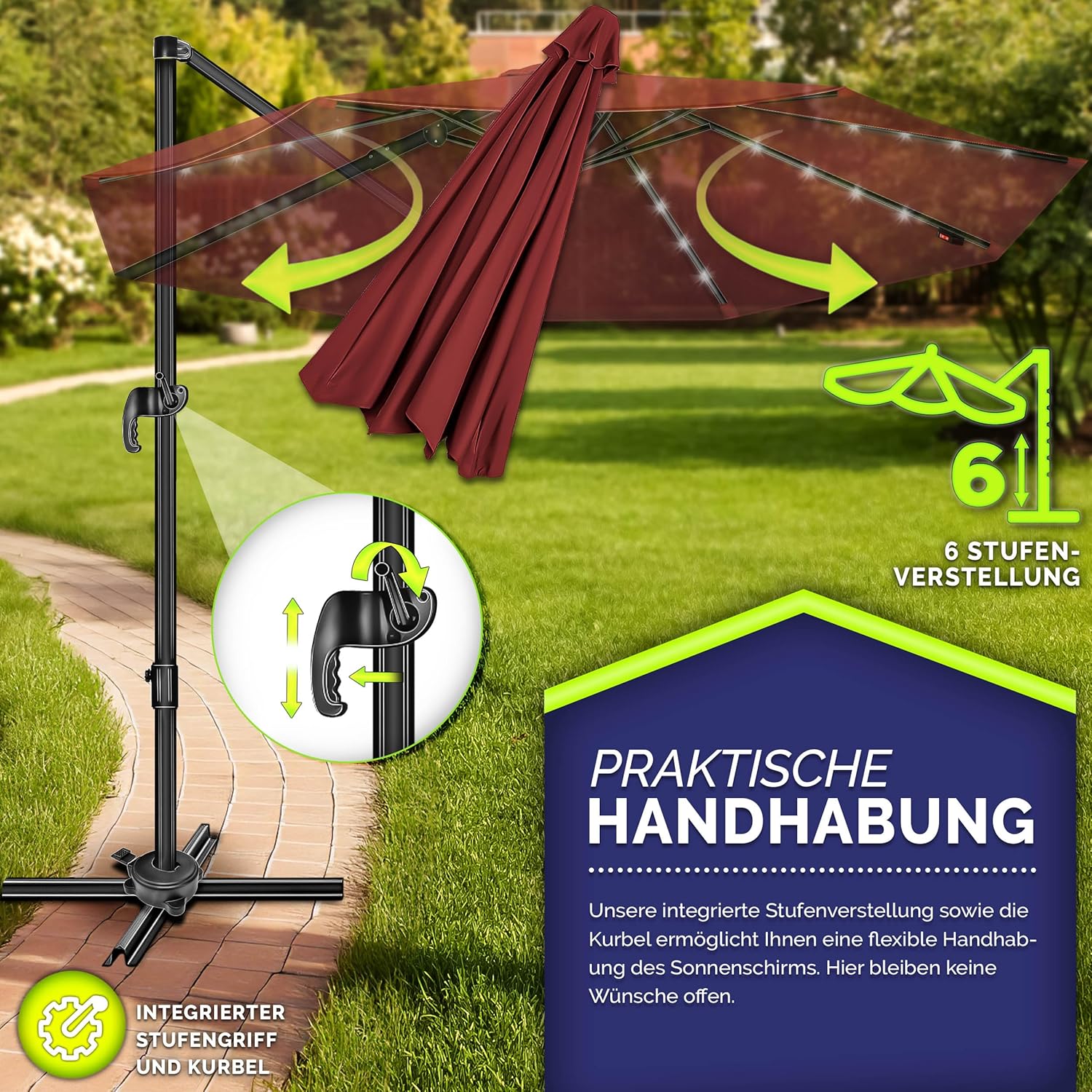 tillvex® Premium Alu Sonnenschirm 330 cm + Abdeckung & Windsicherung | Ampelschirm 6-Fach verstellbar mit Kurbel | Gartenschirm 360° Drehbar Neigbar Kippbar | UV50+ wasserdicht