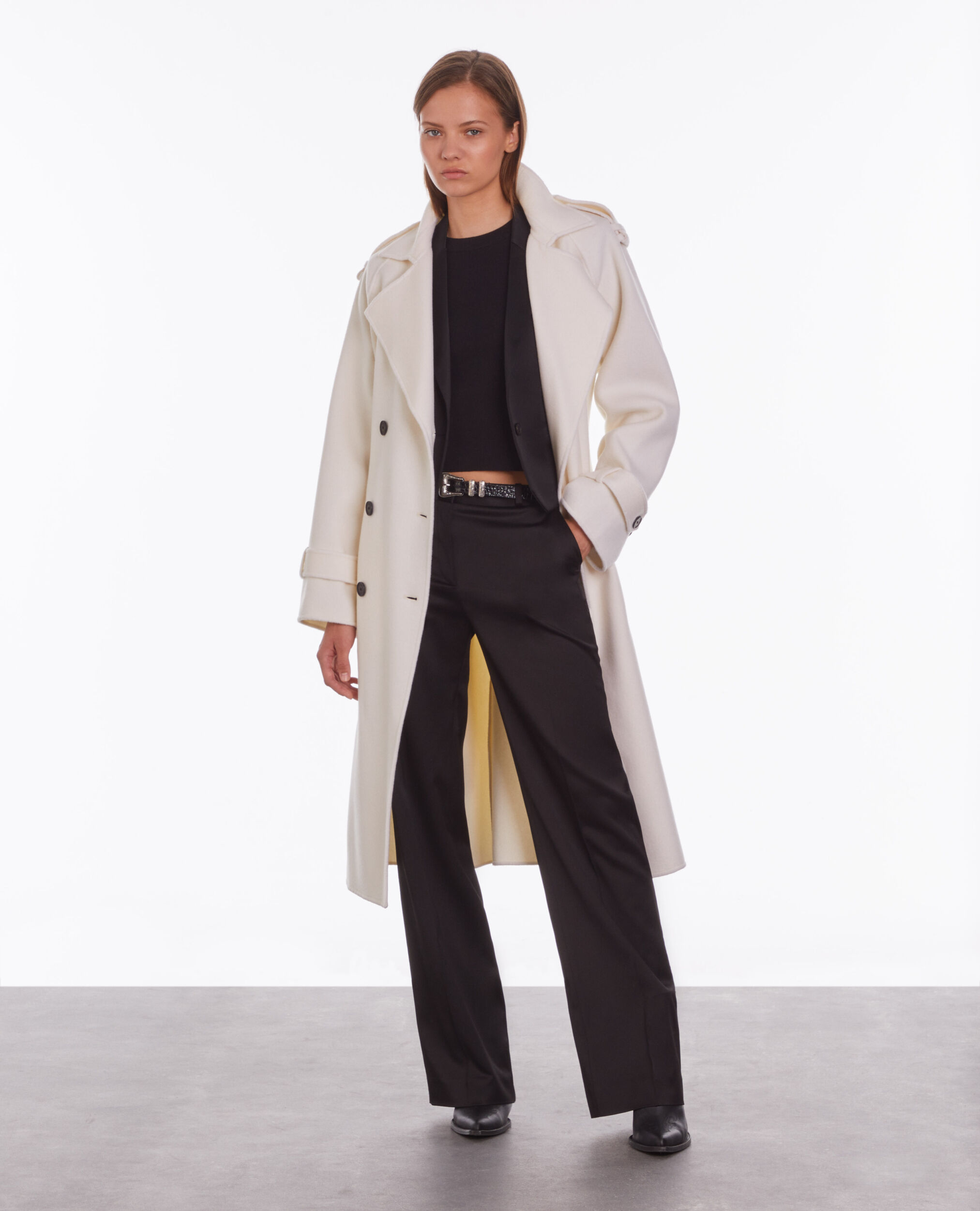 Long ecru wool-blend coat