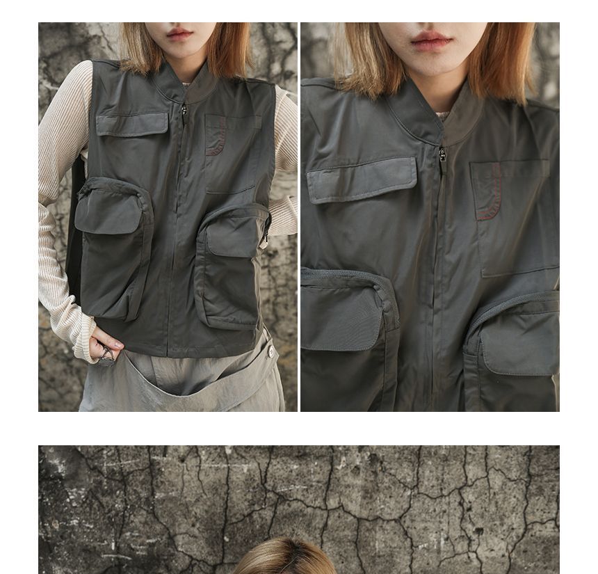 SIMPLE BLACK - Effen vest met rits en zakken