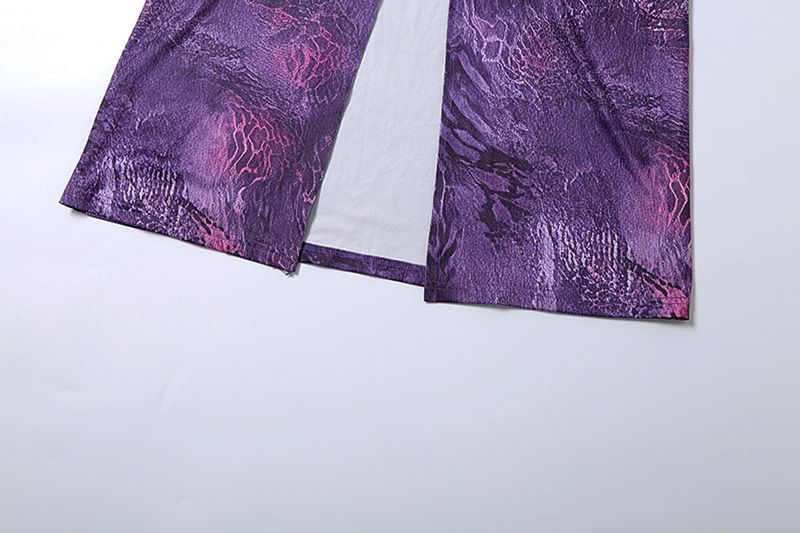 Weaveal - Halter Diep Decolleté Patroon Print Uitsnijding Spleet Paneel Kant Maxi Schede Jurk