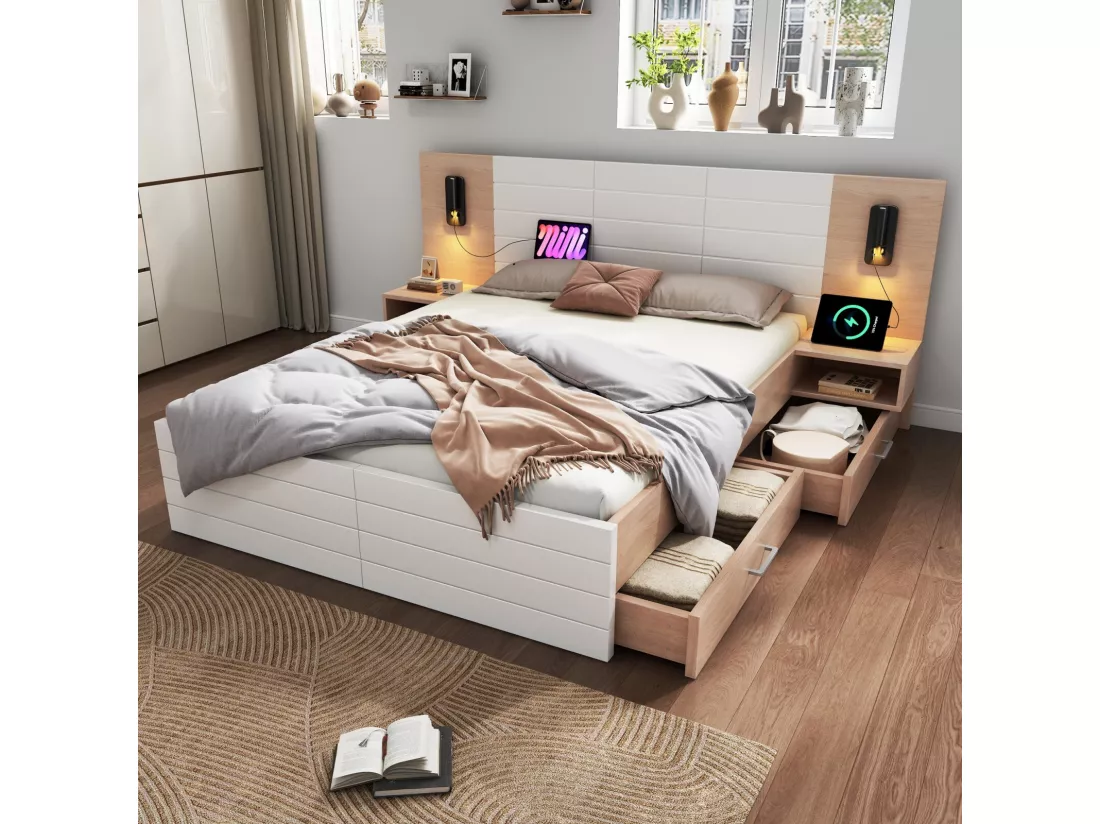 Lit avec tiroirs et chevets 180x200cm, chêne blanc, avec lampes de lecture 360° et Ports de charge USB, 255×207x80cm