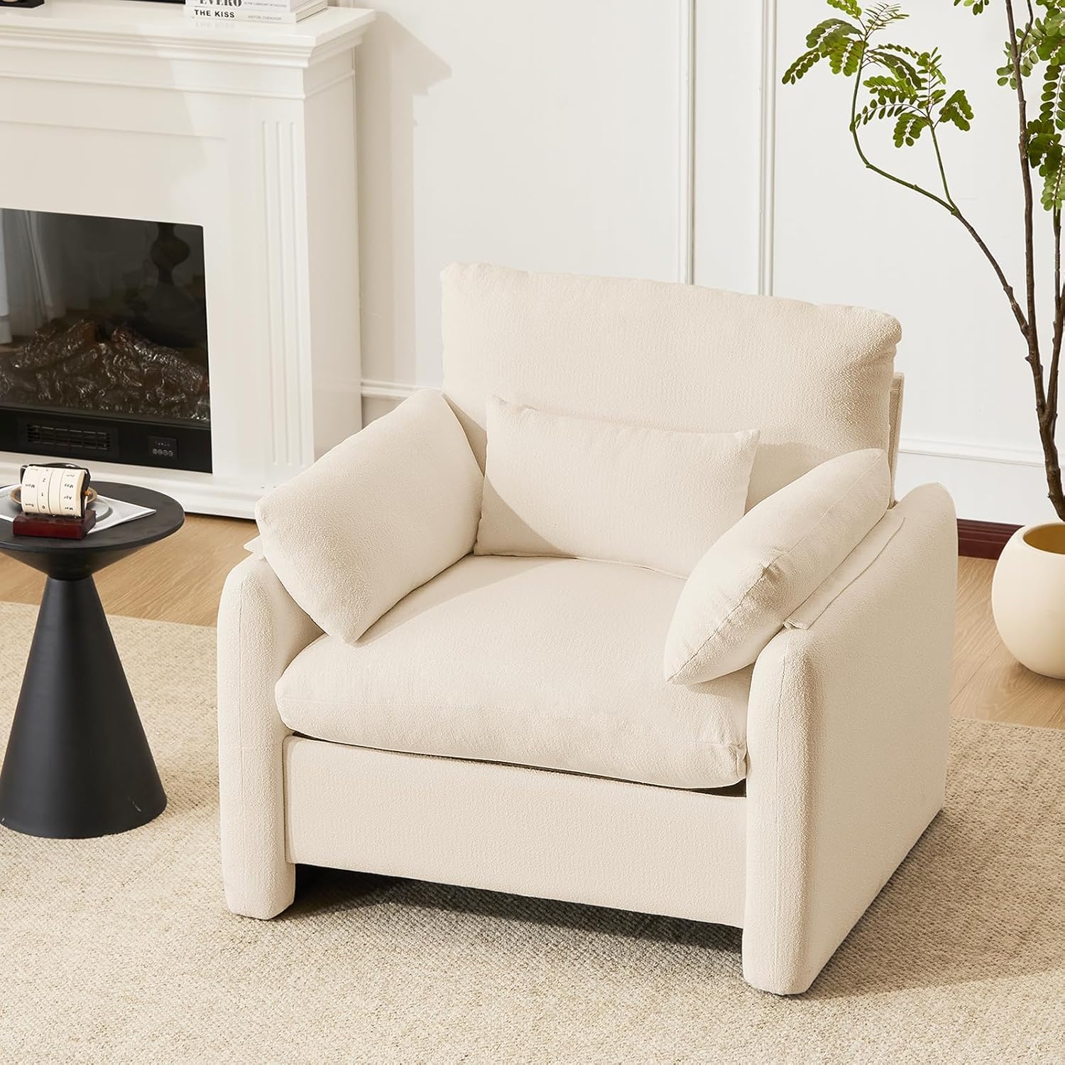 Extragroß Ohrensessel Sessel Wohnzimmer, 93.5cm Polstersessel Fernsehsessel Einzelsofa mit Abnehmbares Armlehne & Wurfkissen, Einzelsofa Lesesessel für Wohnzimmer Schlafzimmer, Beige