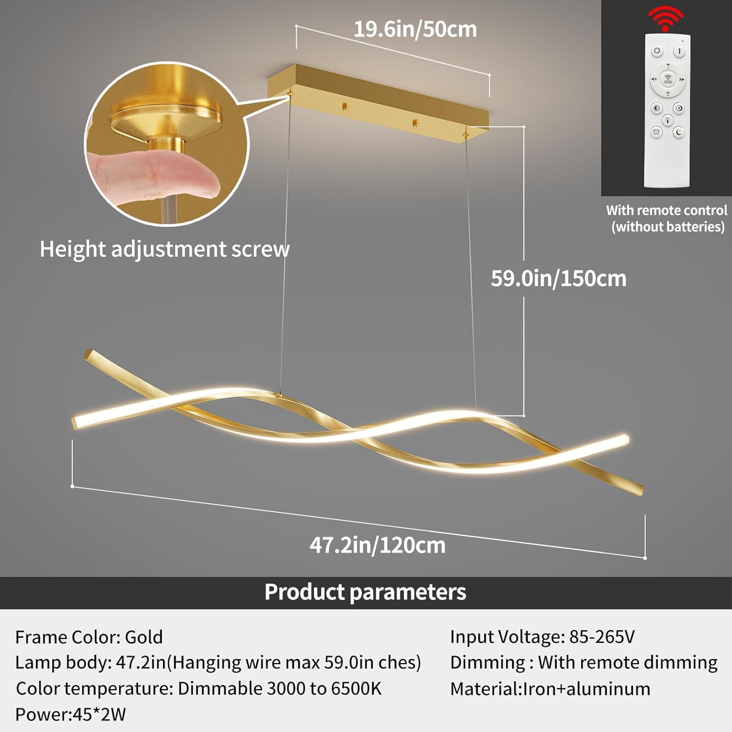 Mikeru LED Pendelleuchte esszimmer, 36W 100cm Moderne Kücheninsel Leuchten, Lineare Hängelampe Dimmbar mit Fernbedienung, Höhe 150cm einstellbar 10%-100% Einstellung der Farbtemperatur, Gold
