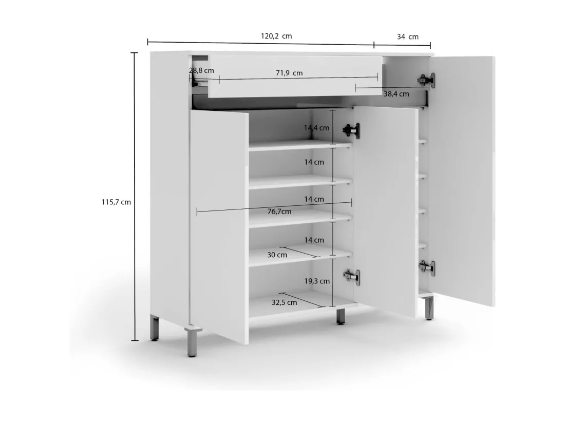 Meuble à chaussures Windhoek, Meuble à chaussures, Armoire d'entrée polyvalente, Rangement pour chaussures, Made in Italy, 120x34h115 cm, Blanc brillant et anthracite